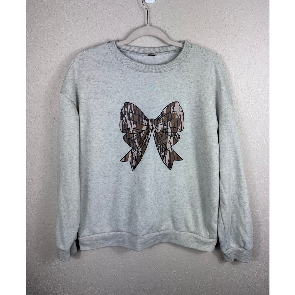 Camo Bow Gray Crewneck Womens Size M/L